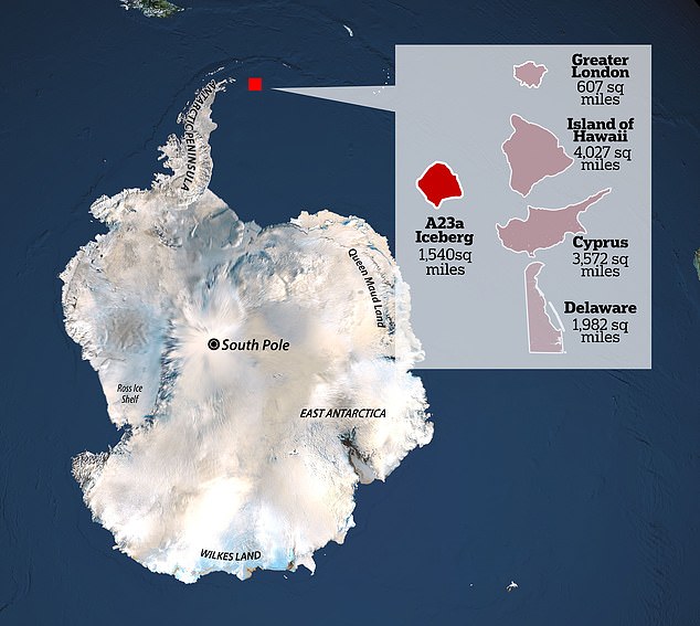 The iceberg, called A23a, has an area of ​​about 1,540 square kilometers – more than twice the size of Greater London (607 square miles) – and a whopping 1,312 feet thick