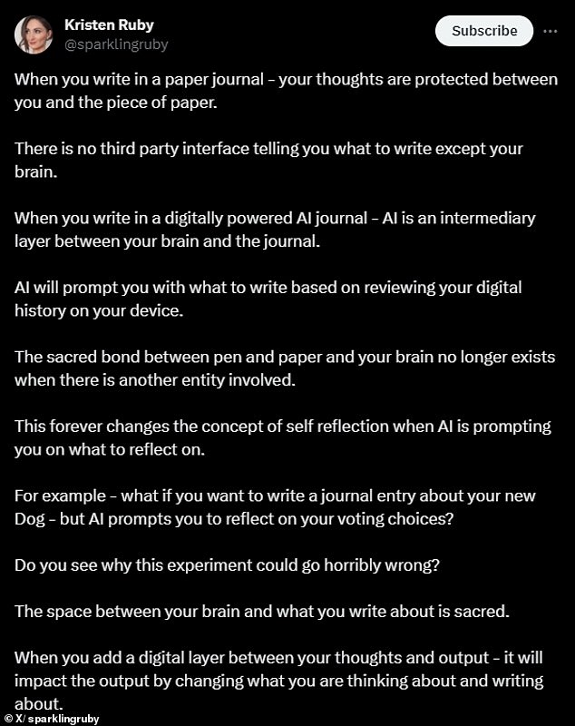 Senior tech critic Christine Roby wrote on X about how the new suggestions feature could change the nature of journaling by inserting artificial intelligence between you and your journal.