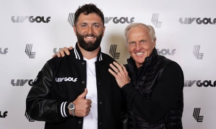 Jon Rahm and LIV Golf Commissioner and CEO Greg Norman are pictured in New York.