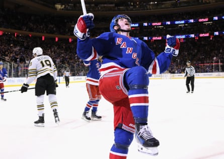 Jimmy Vesey of the New York Rangers celebrates a goal against the Boston Bruins during a November game at Madison Square Garden.