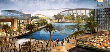 The Los Angeles Rams play in a $5 billion, 70,240-capacity complex that features a man-made lake, a 6,000-seat theater and space for millions of square feet of offices, hotels, shops, restaurants and apartments.