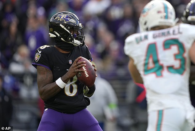 Jackson threw for 321 yards and five touchdowns in a 56-19 thrashing of the Dolphins on Sunday