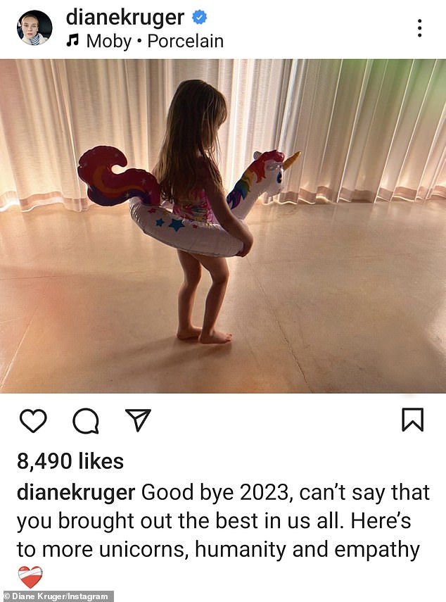 Signing off the year 2023, Diane Kruger wrote, “I can't say this has brought out the best in all of us.  Here's to more unicorns, humanity and empathy'
