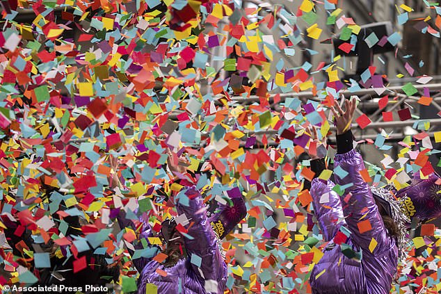 Confetti will be released during a confetti test ahead of New Year's Eve in Times Square on Friday