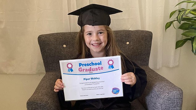 Piper suffered a devastating stroke on December 18 just 40 minutes after graduating from kindergarten (pictured).