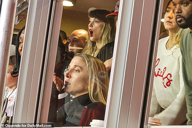 Taylor Swift reacts during the Chiefs-Bengals game at Arrowhead Stadium in Kansas City on Sunday