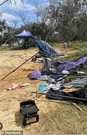 Vacationers left behind tents, broken cabanas and used camping gear