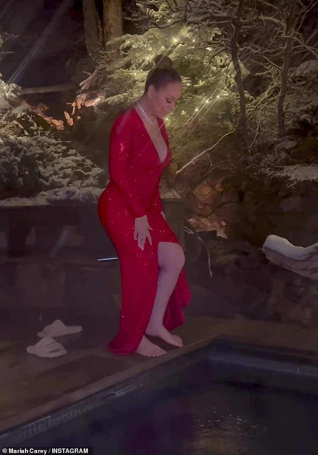 The adorable clip started with the Elusive Chanteuse slowly wading into a beautiful pool as snow fell around her