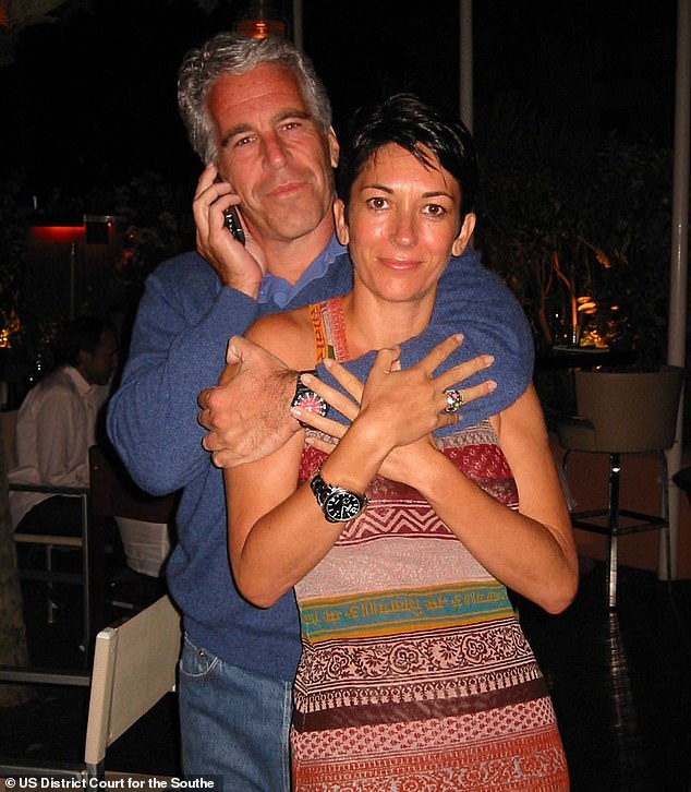 The files were part of a 2015 US defamation case by Ms Roberts against Maxwell, the British socialite who supplied Epstein with underage girls.  Maxwell and Epstein are pictured together in an undated evidentiary photo obtained by the United States District Court for the Southern District of New York in 2021