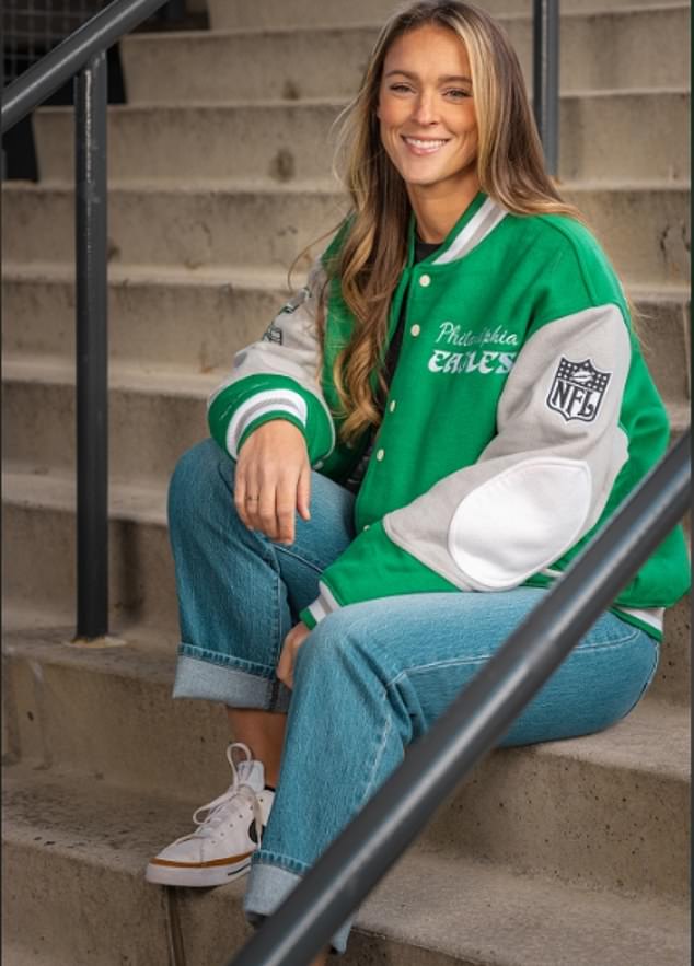 The iconic 90's Eagles Letterman Jacket returned and was modeled by the beautiful Kylie Kelce, wife of Jason Kelce who plays for Eagles