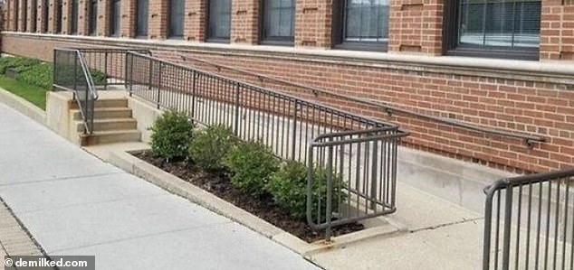 This wheelchair ramp not only ends with stairs, but also does not appear to provide any access to the building.  Which makes it seem less than useless