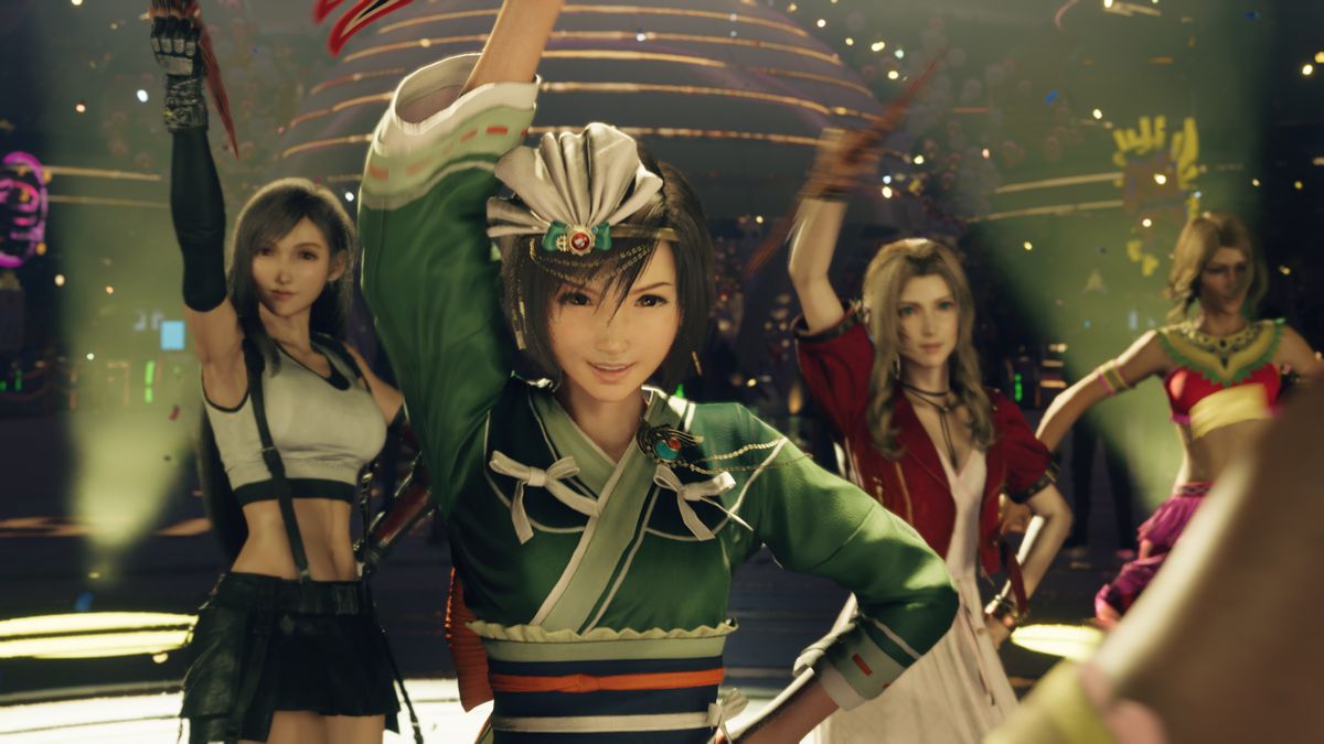 Tifa, Yuffie and Aerith dance in a scene from Final Fantasy 7 Rebirth