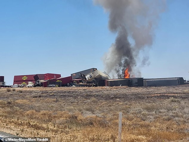 The train and truck were traveling in opposite directions on the highway when the crash occurred