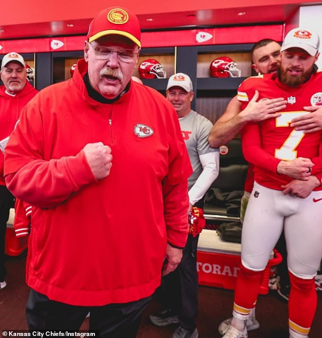 Chiefs head coach Andy Reid addresses his players after securing another AFC West title