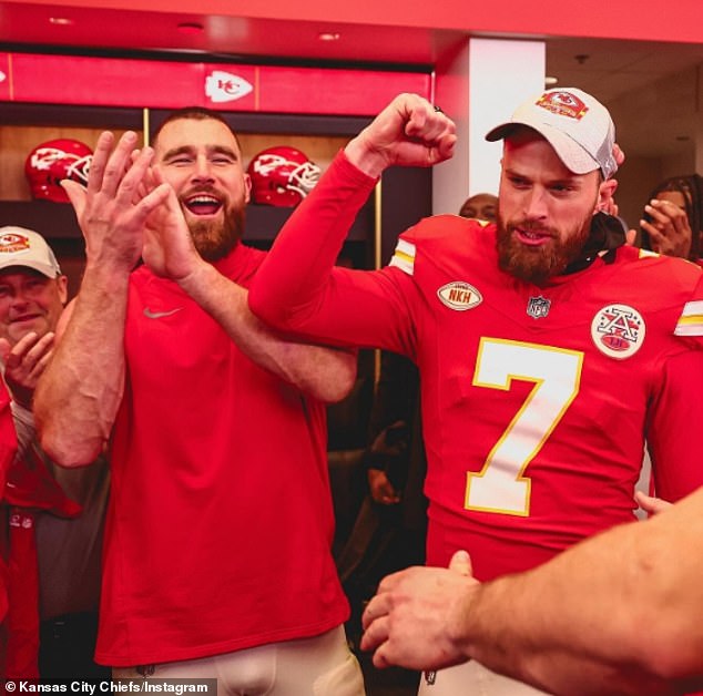 Kelce claps after Mahomes saluted Kansas City kicker Harrison Butker during the festivities