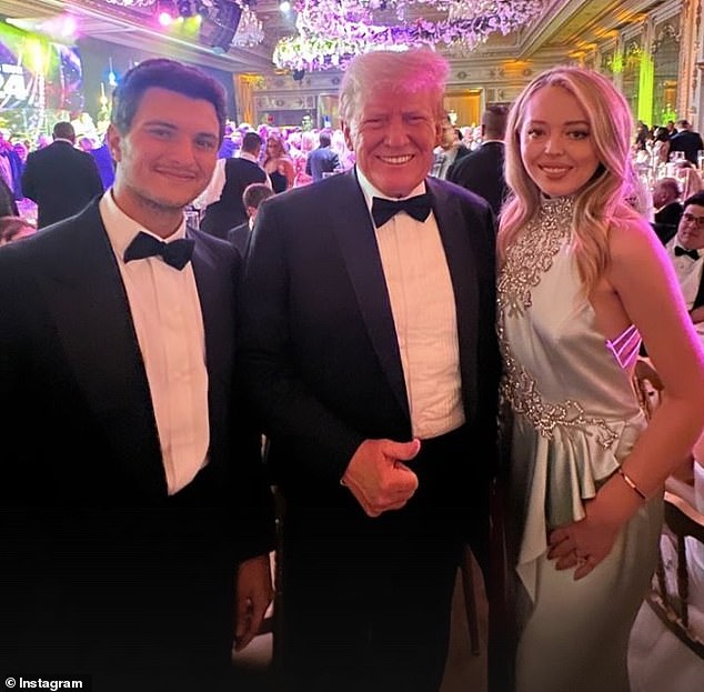 Many members of the Trump family gathered Sunday evening to commemorate the holiday at Donald's Mar-a-Lago club in Palm Beach, Florida.  The photo shows Tiffany with her father and her husband, Michael Boulos