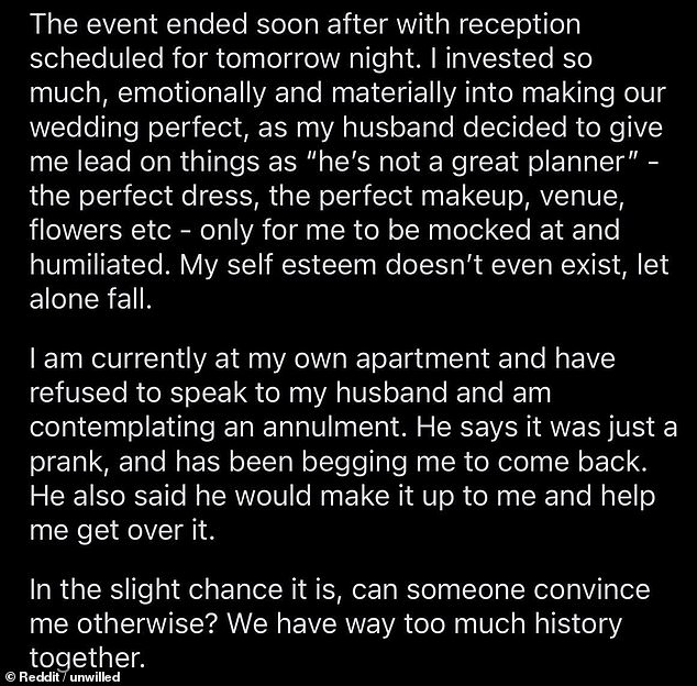 The unidentified 33-year-old woman took to Reddit in a now-deleted post to question whether she should get an annulment after her husband played a prank on her in front of all their friends