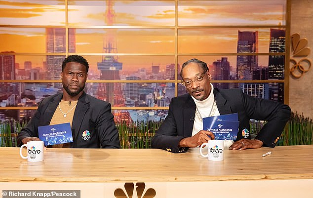 Kevin Hart, L, and Snoop Dogg, R, on set as commentators for Tokyo 2021 in their Peacock series