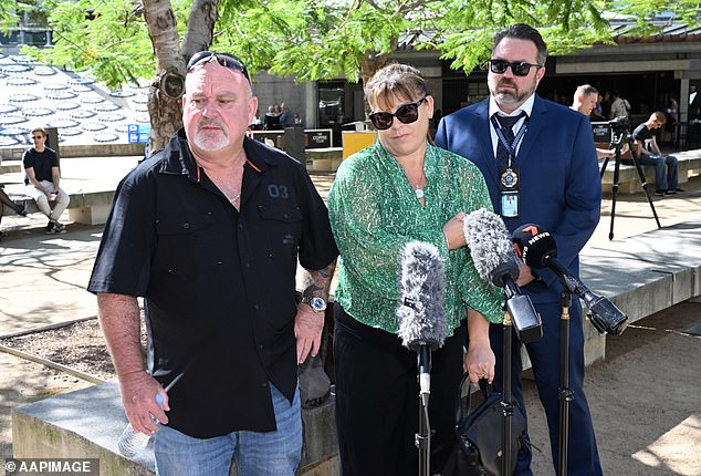 Jack and Belinda Beasley (pictured center) address the media in April after one of their son's murderers appeals his sentence