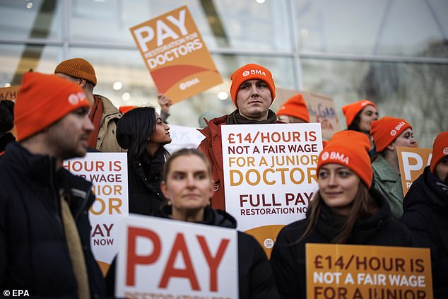 BMA junior doctors at a picket line outside University College London Hospital as they begin three-day strike action in London on December 20, 2023 in a long-running dispute over pay