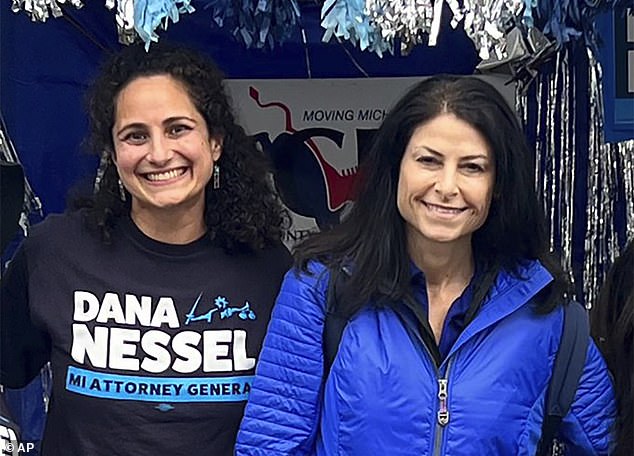 Woll worked for Democratic U.S. Representative Elissa Slotkin and on the political campaign of Attorney General Dana Nessel (right)