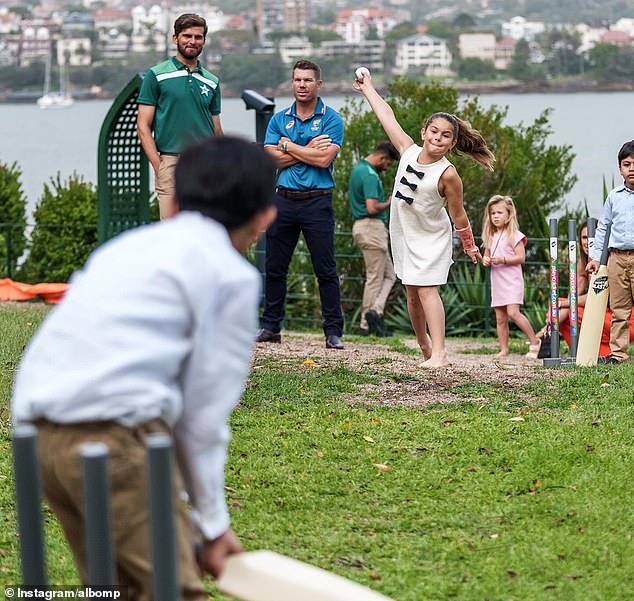 David Warner (second from left) watched with Shaheen Afridi (left) as his daughter Indi sent in a few deliveries