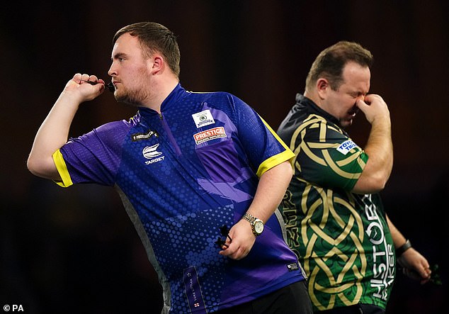 Teen sensation Luke Littler (above) secured a place in the semi-finals of the World Darts Championship on Monday afternoon by beating Brendan Dolan (right)