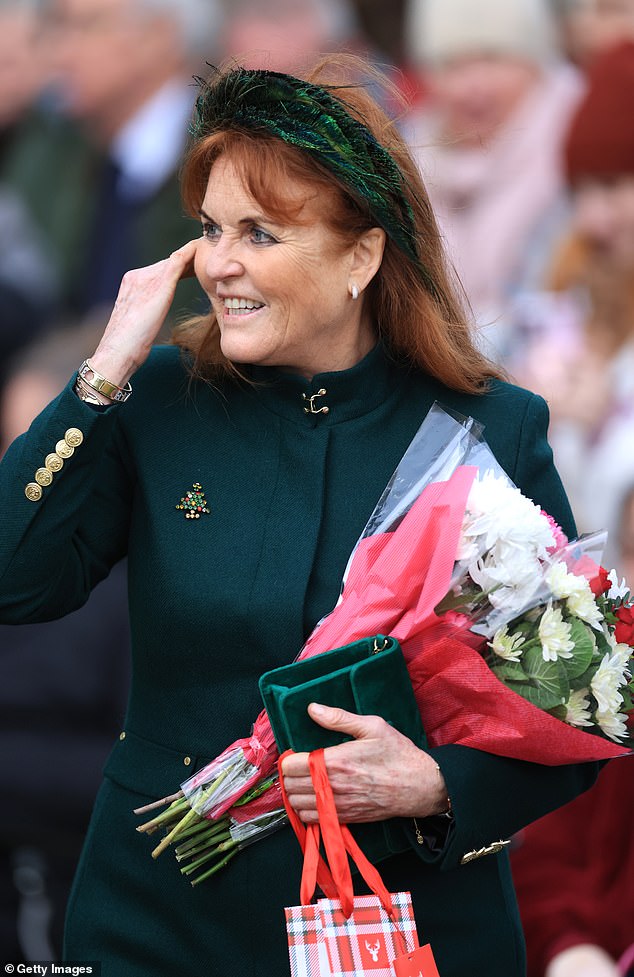 Sarah Ferguson, Duchess of York, attended the Christmas morning service at Sandringham Church wearing an emerald coat and peacock feather headband