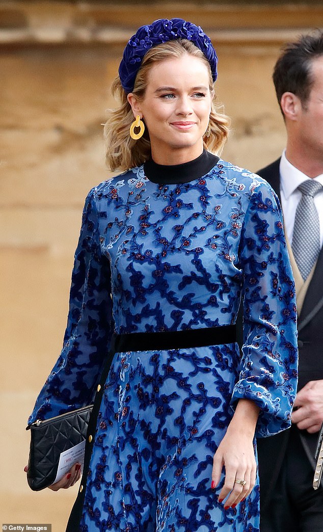 Cressida Bonas wears a braided blue velvet design by New York milliner Jennifer Behr to Princess Eugenie's wedding in 2018