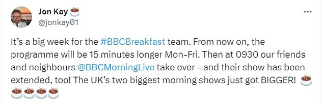 Jon revealed on X: 'It's a big week for the #BBCBreakfast team.  From now on, the program will be 15 minutes longer Monday to Friday.  'Then at 9.30am @BBCMorningLive will take over'