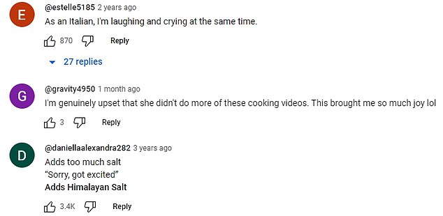 Comments on the original cooking video also joke about the star's recipe and the unusual way he cooks