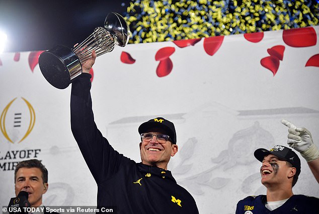 Jim Harbaugh's players invaded the field to celebrate their 27-20 victory over the Crimson Tide