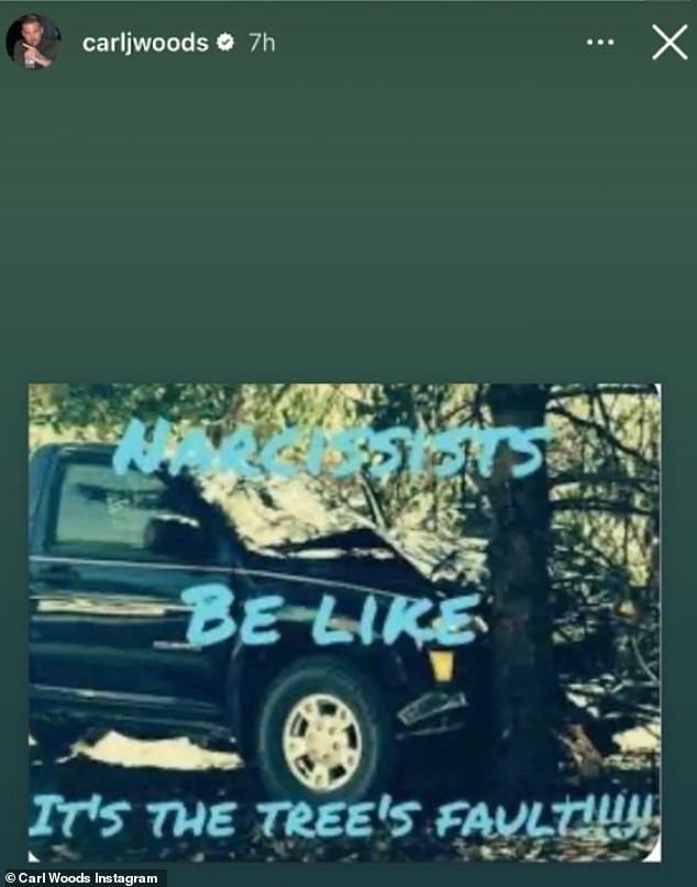 And now car dealer Carl appears to have hit back as he reshared a post showing a car involved in an accident after the 4x4 vehicle crashed head-on into a tree.