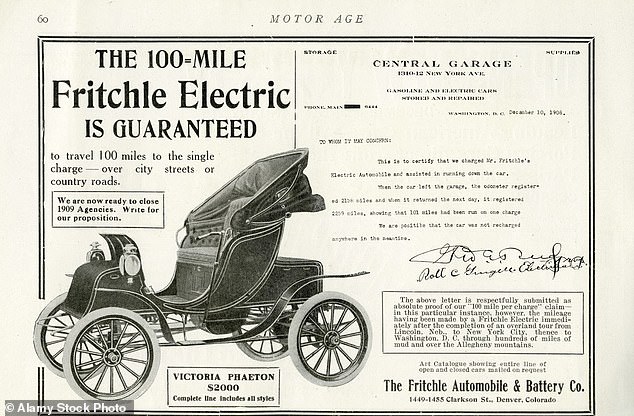 Electric vehicles like this Fritchle electric car showed rapid advances in range and speed until they were eclipsed by the production of the Model-T Ford