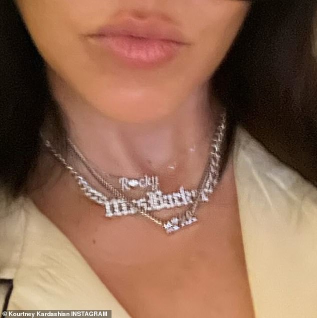 Kourtney, 44, added a number of diamond necklaces, including one that read “Mrs.  Barker,” as well as one that said “Rocky” for her son