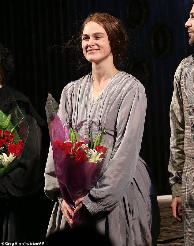 In her 2015 Broadway debut, Keira Knightley's production of Therese Raquin was also paused after an audience member proposed to the actress (pictured in the play)