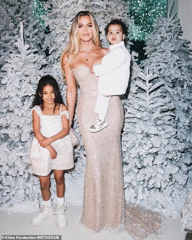 Khloe is a mother of two: daughter True, five, and son Tatum, 17 months;  seen at the Christmas Eve Kardashian/Jenner bash