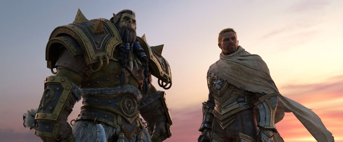 Thrall and Anduin look out at a sunset in a still from the cinematic trailer for World of Warcraft: The War Within