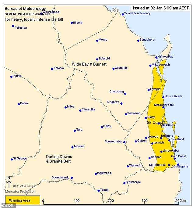 The Bureau of Meteorology has issued a severe weather warning for parts of the Wide Bay and Burnett and Southeast Coast areas.  Residents are urged to stay off the roads and avoid low-lying areas as heavy rainfall could cause flash flooding