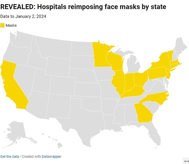 The map above shows states where hospitals are reducing face mask mandates in their units for staff, patients and visitors in response to rising illnesses