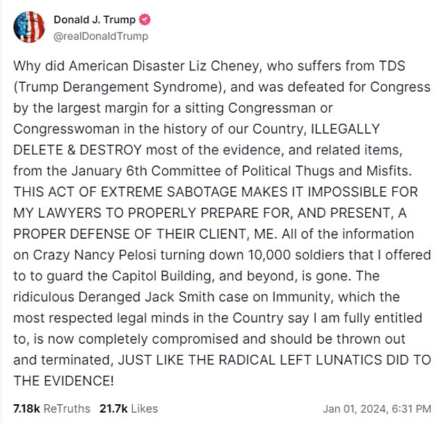 On Monday evening, Trump accused Liz Cheney, one of his biggest critics within the Republican Party, of destroying evidence he needed to defend himself in court.