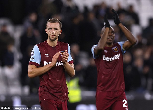 Soucek (L), who signed a new contract with the club this week, had the best chance of the match, but pushed his shot wide of the net