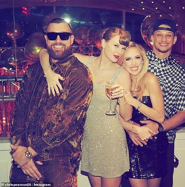 Kelce and Swift are pictured here celebrating New Year's Eve with Patrick and Brittany Mahomes