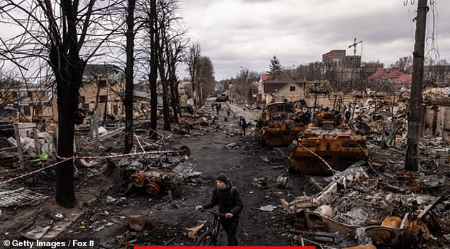 A street in Ukraine showing the massive destruction after Russia invaded Ukraine in an unprovoked attack in February 2022