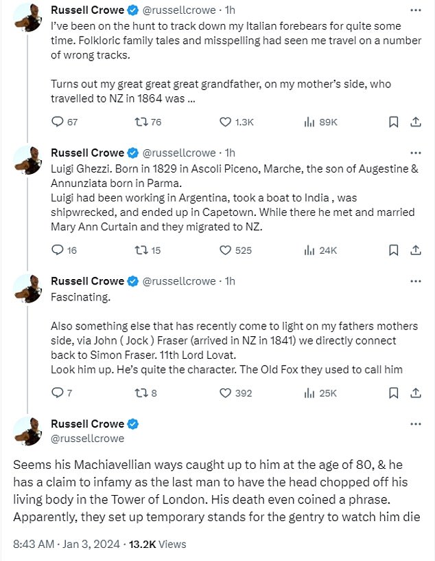 Crowe revealed on X that he has delved into his family's history.  He discovered that his great-great-grandfather was the Italian Luigi Ghezzi.  He is related to Fraser on his mother's side