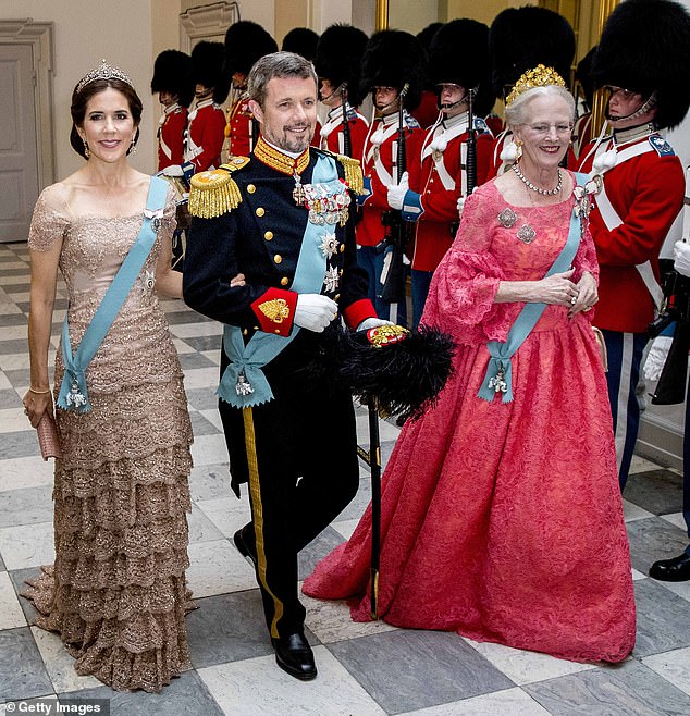 The Danish Queen (right) is succeeded by her eldest son, Crown Prince Frederik (centre), pictured with his Australian-born wife, Crown Princess Mary