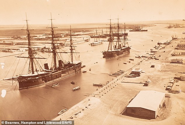 A stunning photo of the entrance to the Suez Canal was taken by Tanner in 1882.  Nic Saintey, director of Bearnes, Hampton & Littlewood, said: 'The whole album is a snapshot of a time gone by when British colonialism was at its height'