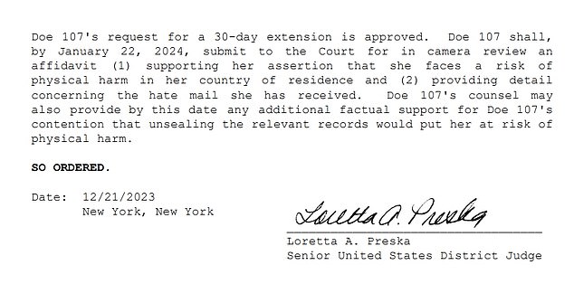 Judge Preska approved the extension on December 21, giving Jane Doe until January 22.  But it is unclear whether that delay applies to the entire list or just to her.  There are 187 names that need to be unsealed