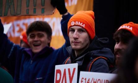 Junior doctors on the picket line wearing BMA hats.