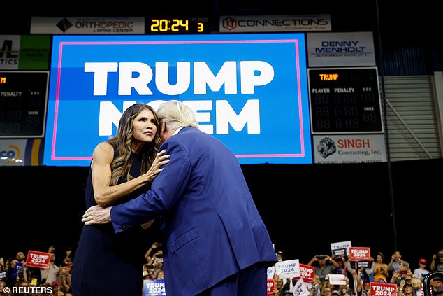 Noem has been suggested as a potential running mate for Trump in 2024. The two are pictured together on September 8, 2023 at a rally in Rapid City, South Dakota.